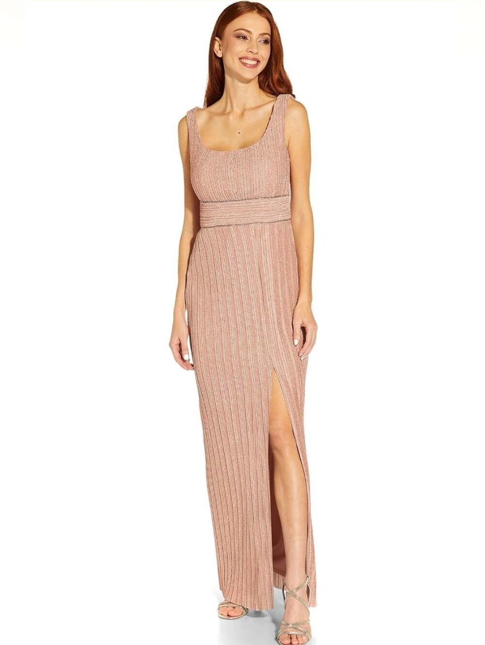 Adrianna Papell Stretch Metallic Crinkle Long Column Gown